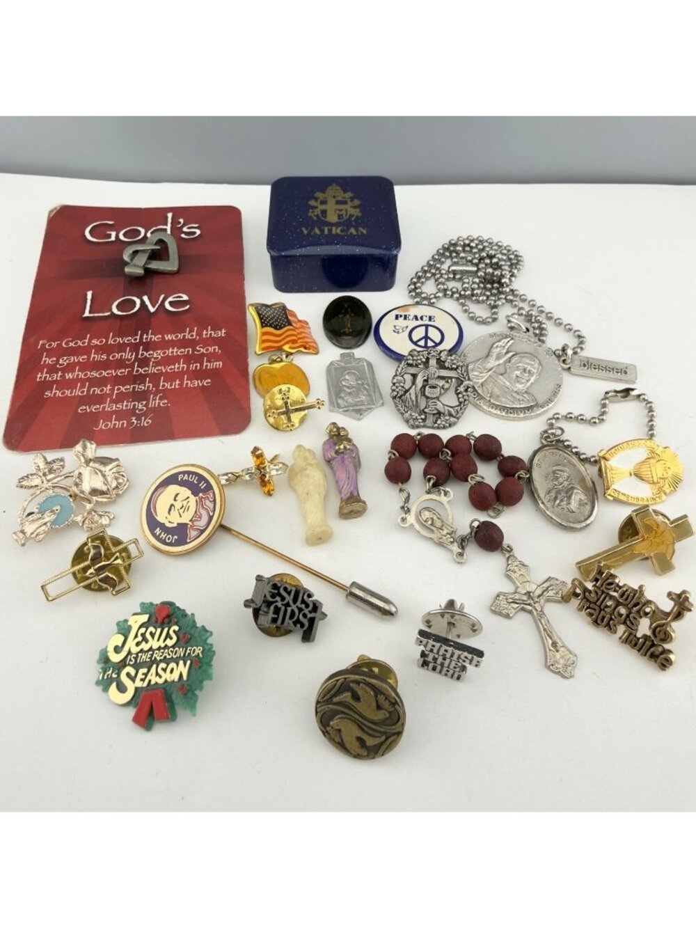 Vintage Religious Lot Medals Rosary Tie Pins Tacks Cross Necklace Vatican Charms